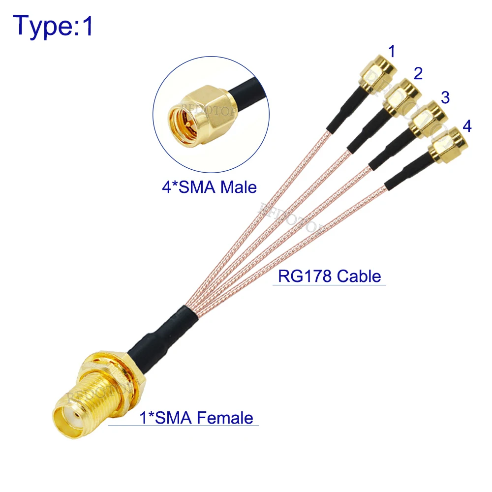 1xSMA Female to 4xSMA Male Plug 1 to 4 SMA Splitter Cable RG178 Pigtail Jumper WIFI Antenna Extension Coaxial Cable 15cm-50cm