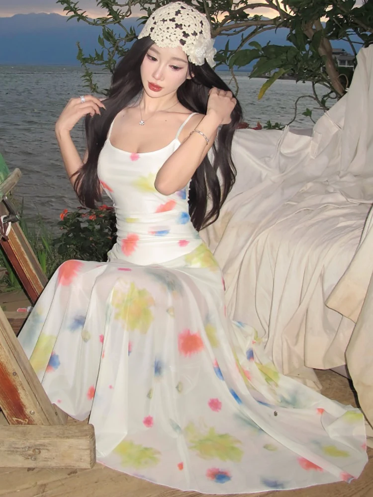 2025 Boho Print Mesh Sling Sexy Long Dress Women Elegant Bodycon Casual Holiday Dress Summer Korean Fashion International Dress