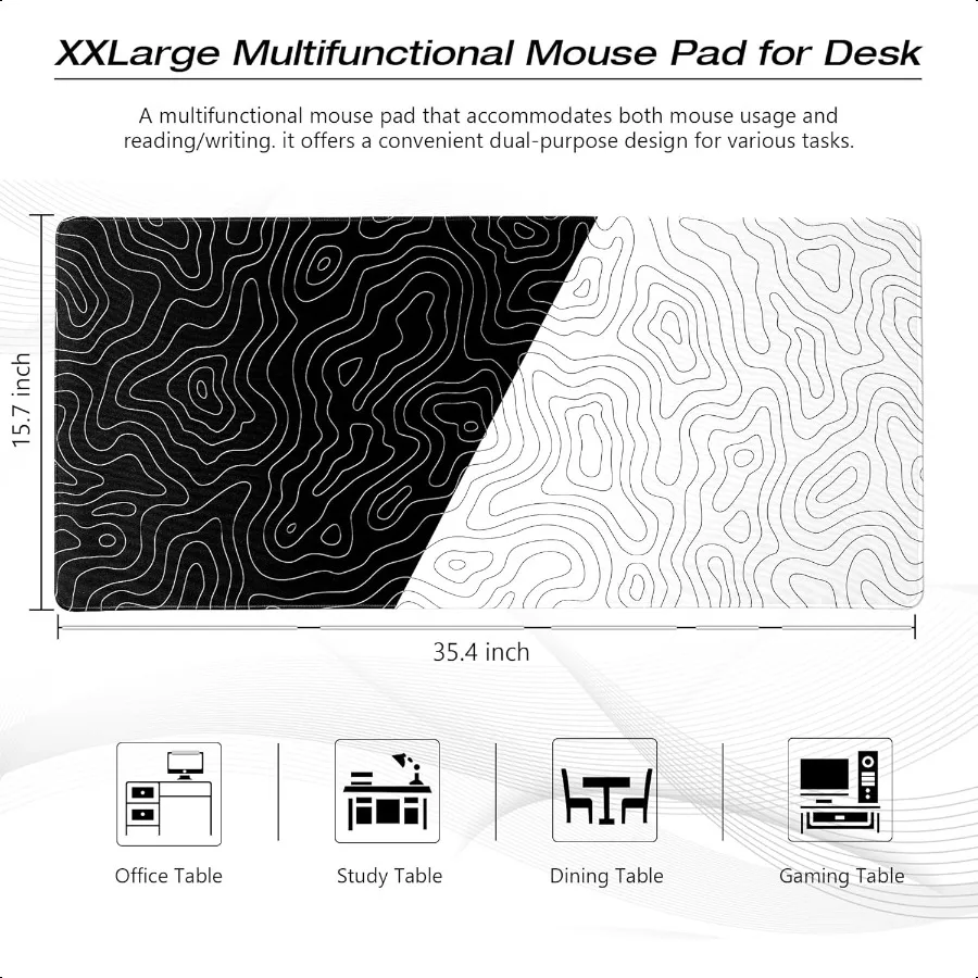 XVX Schwarz-Weiß-Topografisches Mauspad XXLarge Gaming-Mauspad für den Schreibtisch 35,4 x 15,7 Zoll, wasserdichte Schreibtischunterlage mit rutschfestem Gummi