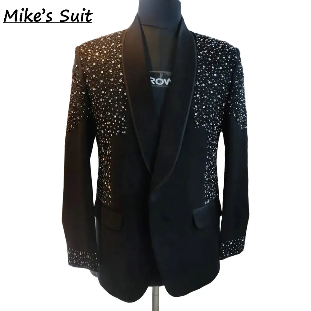 Black Glitter Gem Men's Suit 2-Pieces Jacket And Pants Business Slim Fit Man Suits Set For Wedding Evening Party