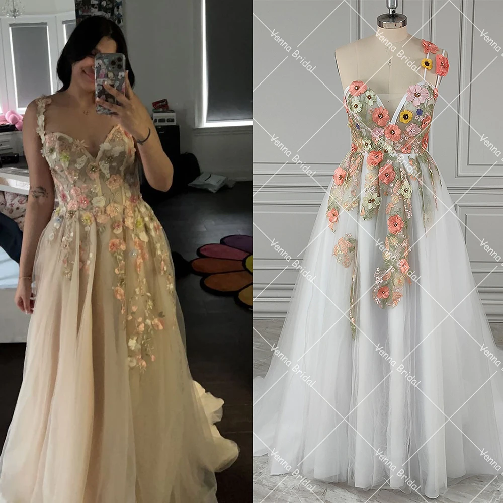 Sweetheart ปักดอกไม้สีสัน Blossom Gowns สําหรับพรหมที่กําหนดเองสูงแยก Tulle Boning 3D Fairy Gowns แต่งงาน