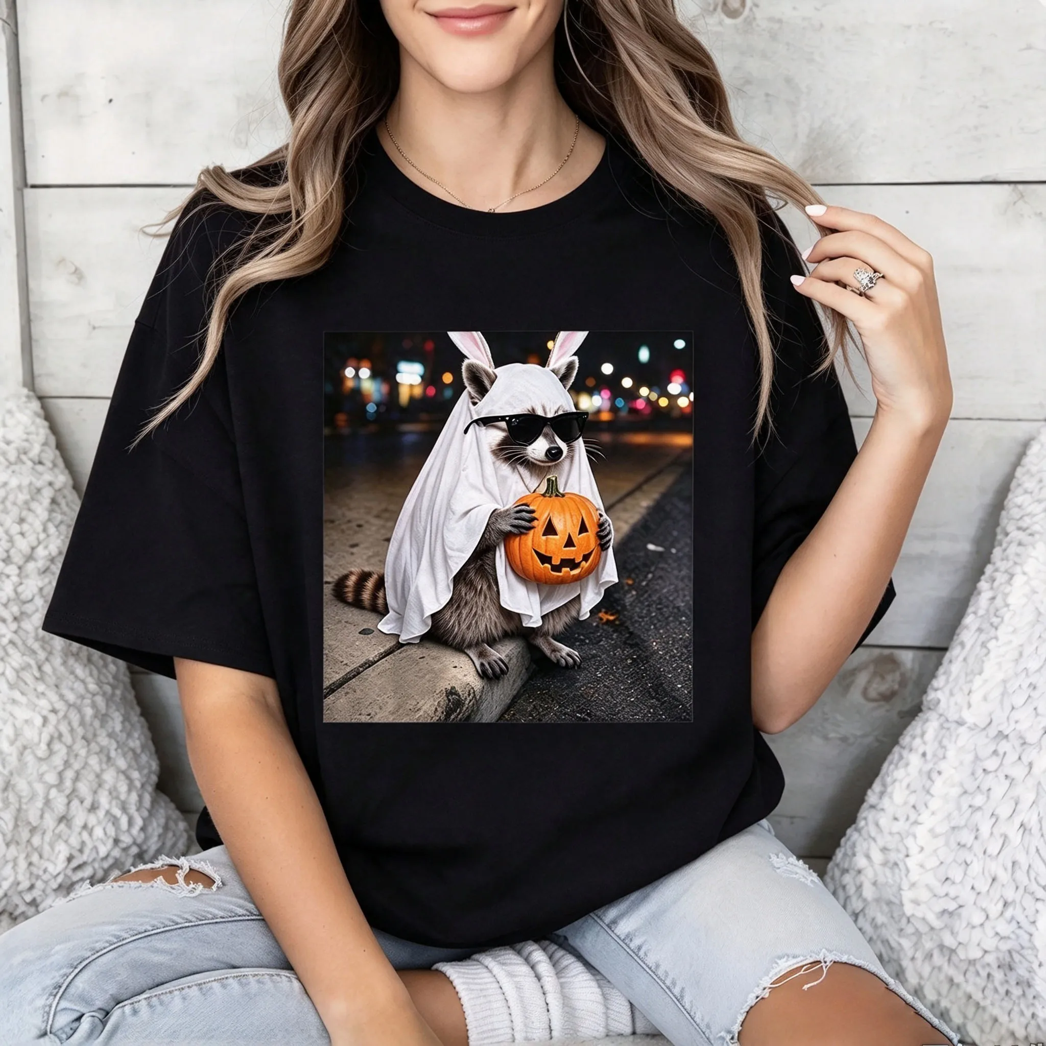 Ghost Raccoon Holding Pumpkin Graphic T Shirt Women Crew Neck Short Sleeve Tee Funny Halloween Animal Print Casual Top