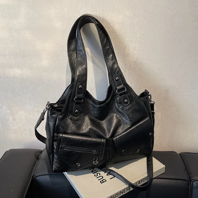 

Винтажная женская большая сумка 2025 года, многосторонняя сумка через плечо из натуральной кожи большой вместимости, шикарная рабочая сумка в стиле ретро