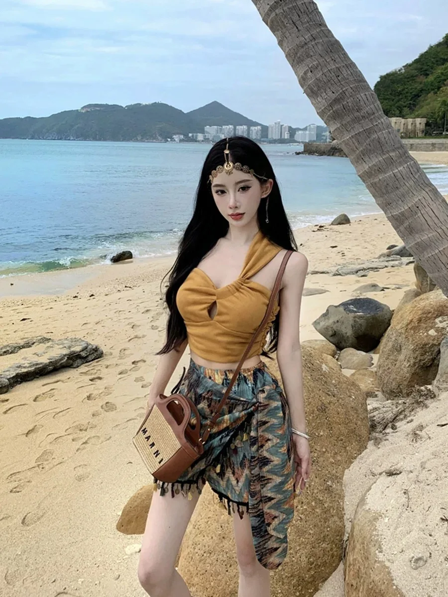 Lady Korea Boheemse Toprok 2-delige set Outfit Pak Zomer Vrouwelijke Strandvakantie Een Schouder Top Hip Split Lint Rok Set