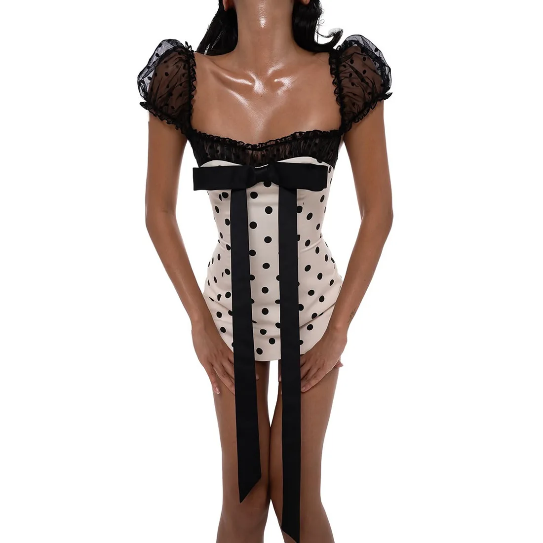 

2025 Dress Women Elegant Fashion Beautiful New Hot Girl Polka Dot Design Pure Desire Bow Waist Slim Trendy Short Skirt for Women