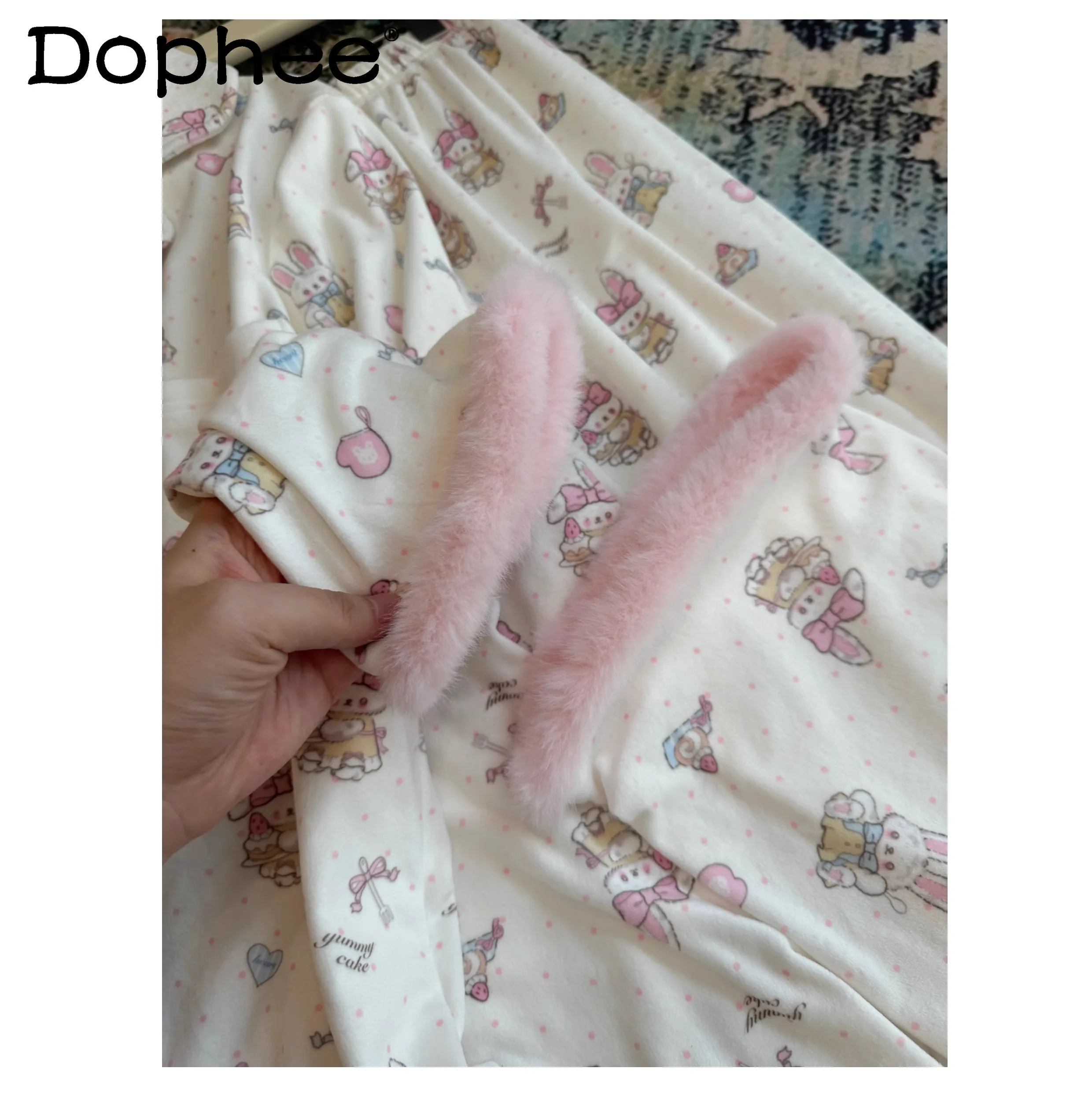 Japanese Original Autumn Winter New Sweet Girl Plush Long-sleeved Pajamas Cute Cartoon Casual Comfortable Soft Loungewear Set