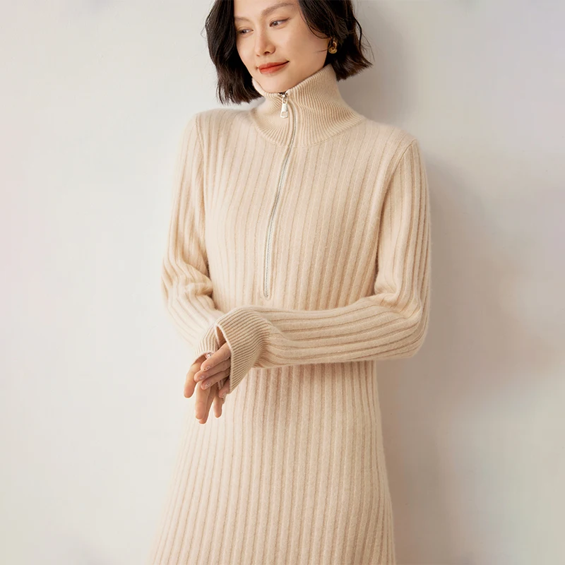 High-end Autumn Winter New 100% Cashmere Dress Long Sweater Women Knitted Dresses Female Fashion Lapel Neck Elastic Pullover