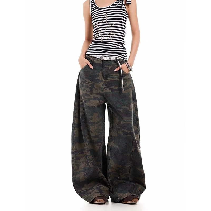 女性ヴィンテージ迷彩カーゴジーンズ原宿 Y2k だぶだぶのデニムパンツストリート美的 2000 年代ゴミパンツ服