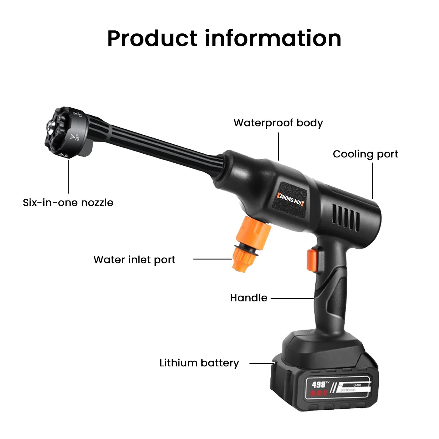 ブラシレス電動ウォーターガン,6 in 1ノズル,車の掃除,庭の散水,マキタ18Vバッテリー,10000mah,20000mah