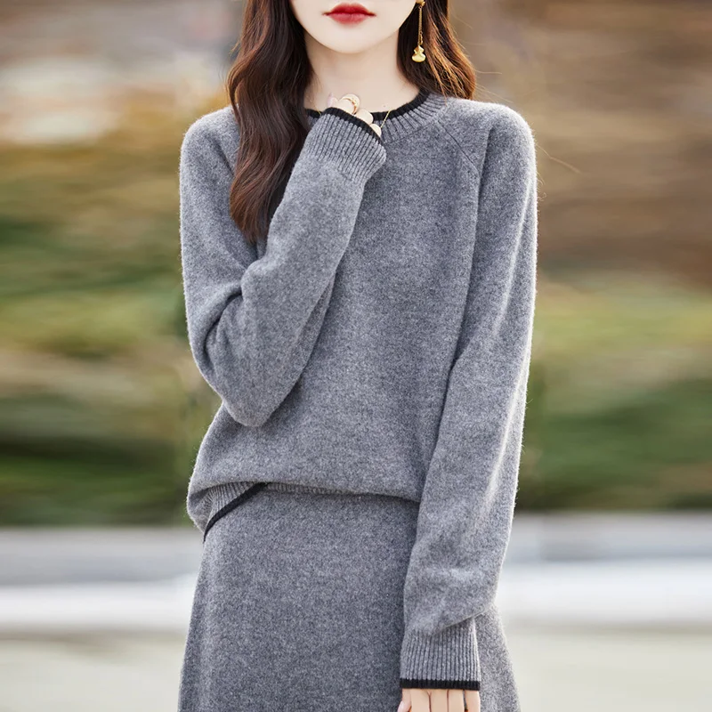 New 2024 Ladies 100% Cashmere Wool Suit Casual Long Sleeve O-Neck Pullover Sweater Solid Color Knit Skirt Two-Piece Women\'s Suit