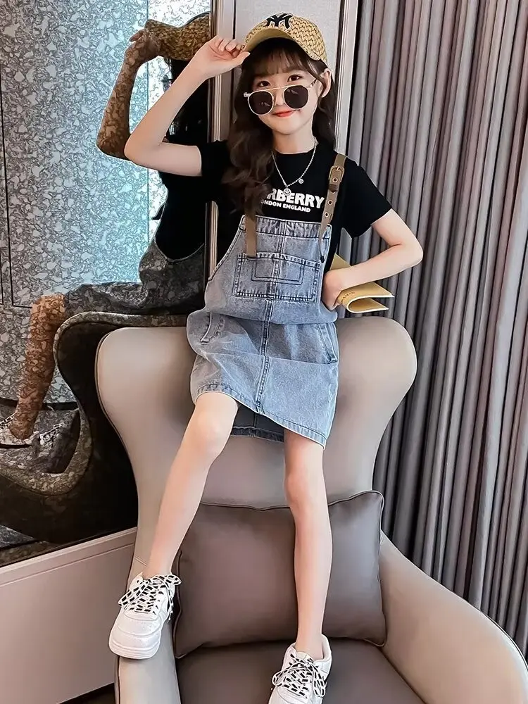 Combination Form Short-sleeved T-shirt And Suspender Skirt Suit Girls Daily Denim Suspender Skirt New Summer Children's Dress