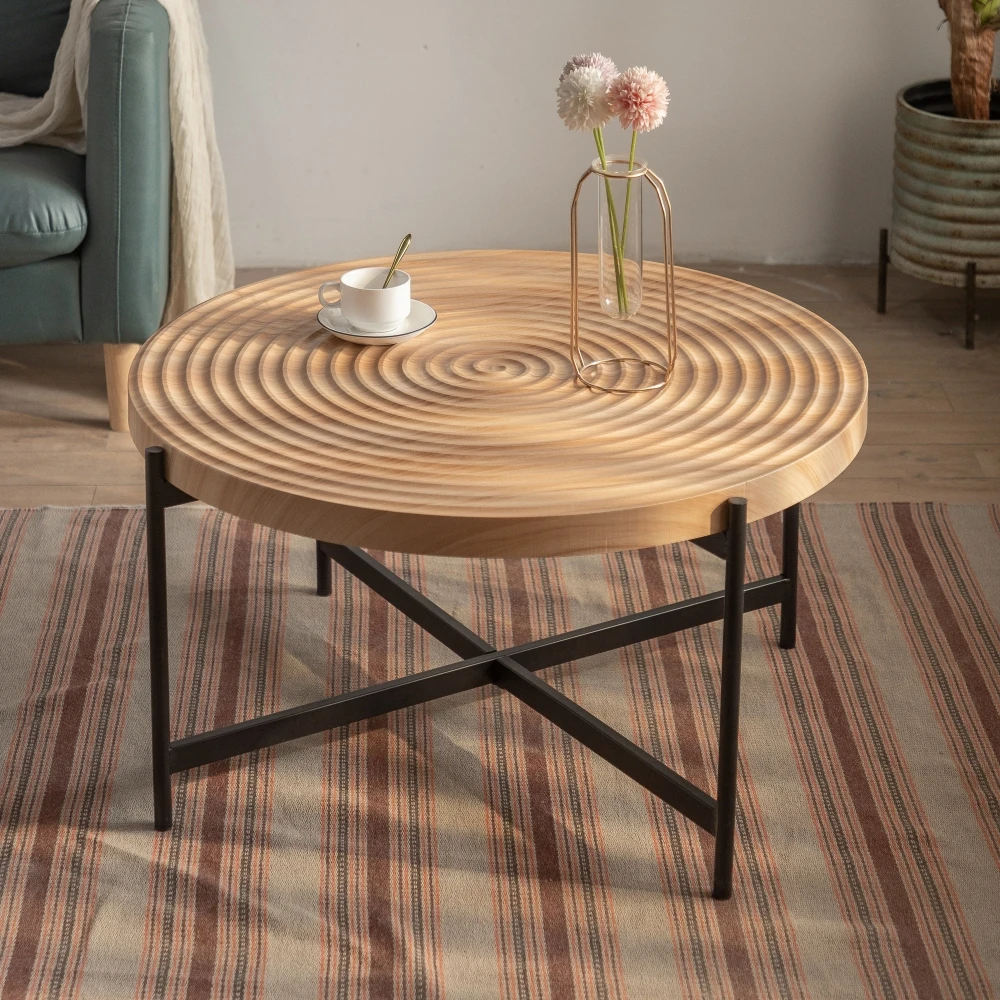 

33"Modern Thread Design Round Coffee Table , MDF Table Top with Cross Legs Metal Base Coffee Table Living Room Furniture