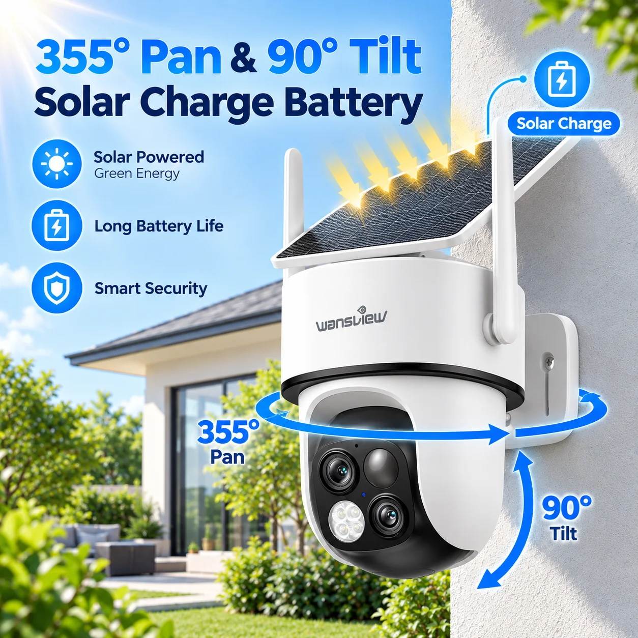Wansview Kabellose PTZ-Kamera mit Solarpanel, WLAN-Sicherheitskamera, 2K 3MP, Dual-Objektiv, Outdoor, batteriebetrieben, Farb-Nachtsicht, Zwei-Wege-Audio, CCTV-Überwachung