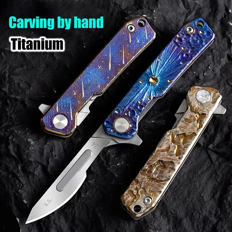 Olitans T014 Titanium Ball Bearing Folding Knife Carving By Hand Replaceable Stainless Steel Blade Camping Hunting Tactics Tool