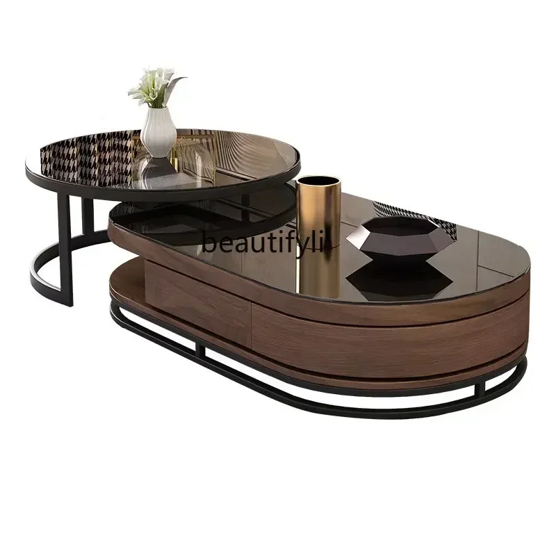 

35Nordic Light Luxury Coffee Table Simple Tea Table Living Room Oval Tempered Glass Coffee TableSSS