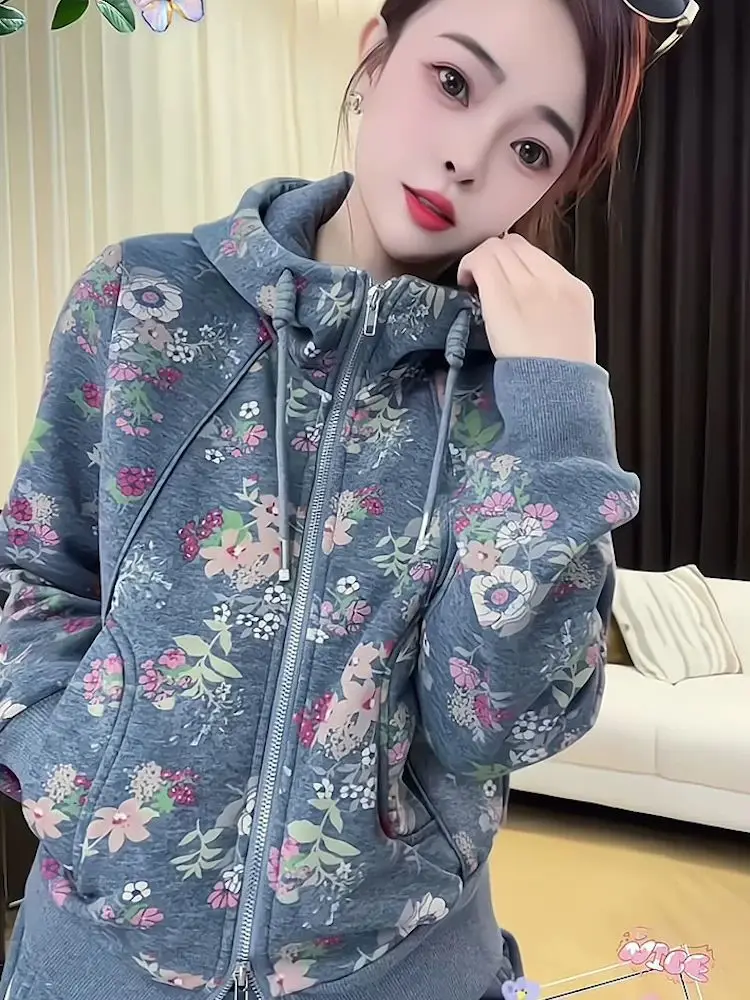 

Спортивная элегантная французская женская толстовка с цветочным принтом на молнии, мягкая хлопковая толстовка с капюшоном и карманом на шнурке, повседневная свободная