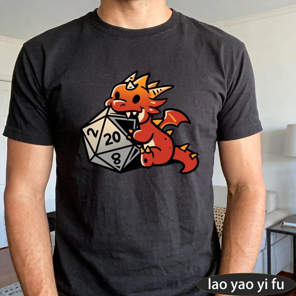 Men's Cute Red Baby Dragon Biting D20 Dice Graphic T-Shirt Kawaii RPG Casual Tee Gamer Streetwear for D&D Fans