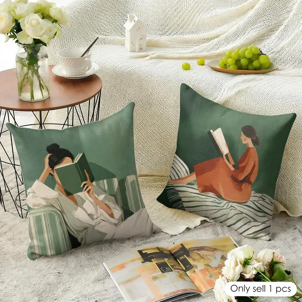 Boho Style Reader Girl Cushion Cover Eco Linen Pillow Case | Double-Sided Print, Breathable &Durable, Hidden Zipper Home Decor