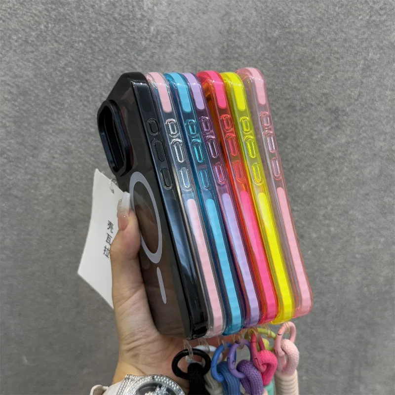Transparent Neon Color MagSafe Lanyard Phone Case for 15 16 17 Pro Max 13 14 12 11 Air Wireless Charging Soft Wrist Strap Cover