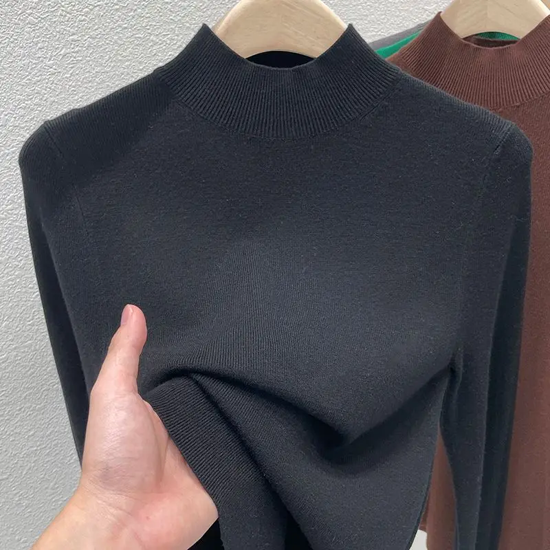 Autumn Winter Base Shirt with a Stylish Interior a Semi High Collar Women\'s Clothing Slim Fit Long Sleeved Mid Neck Design Tops