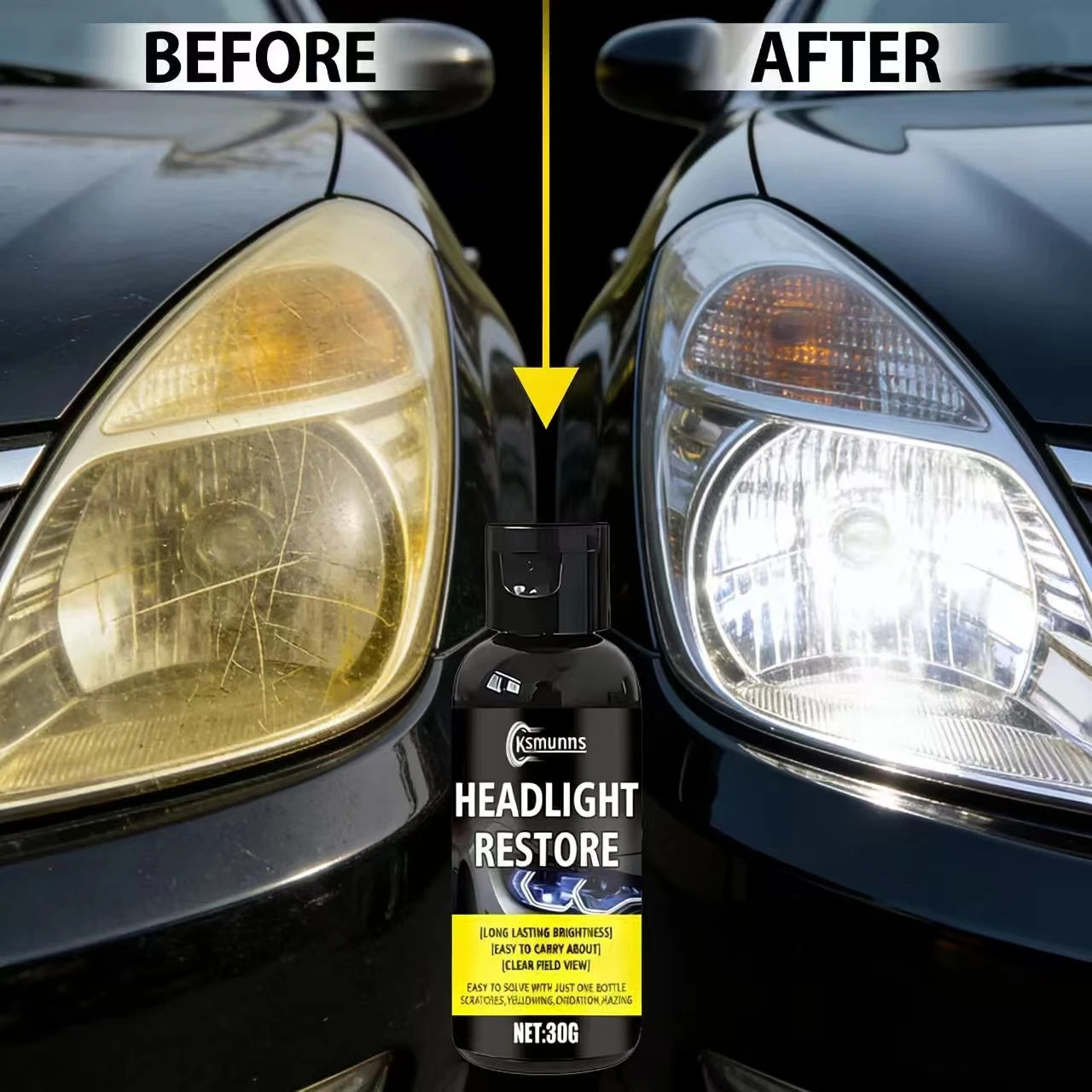 30G Ksmunns Headlight Restore for BMW Toyota – Long-Lasting Brightness, Easy to Carry, Solve Scratches/Yellowing, Auto Lamp Care