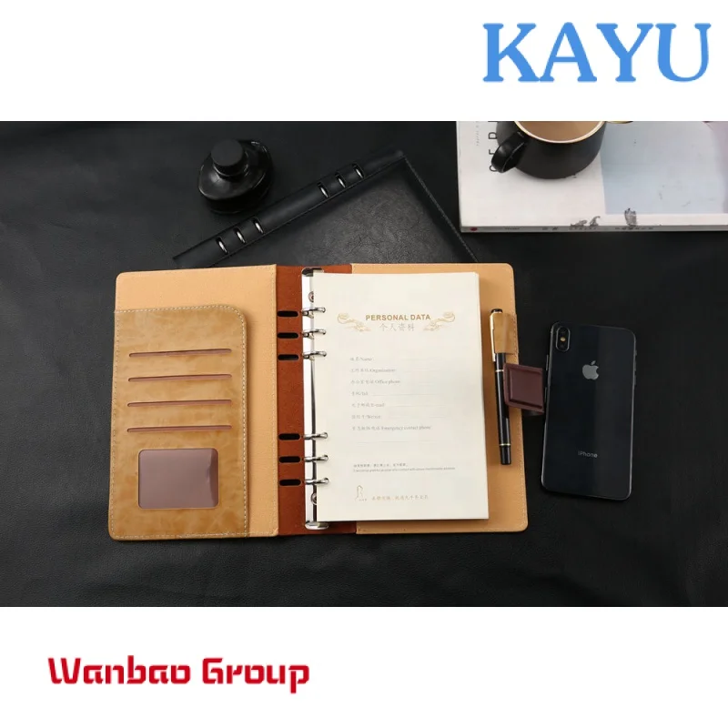 Custom Leather Notebook Black,A5 Brown Business Planner,Custom Printing Logo Hardcover Leather 6 Ring Binder Journal Note Book