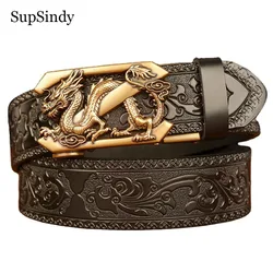 SupSindy Men Genuine Leather Belt Luxury Gold Dragon Metal Automatic Buckle Cowhide Belts for Men Jeans Waistband Male Strap
