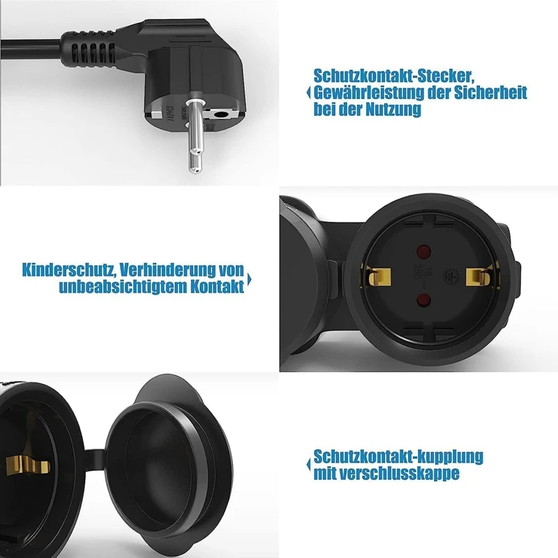 ABKD Double Plug For Socket, Extension Cable With 2 Schuko Sockets, Multiple Socket Outdoor, 16 A / 250 V,EU Plug