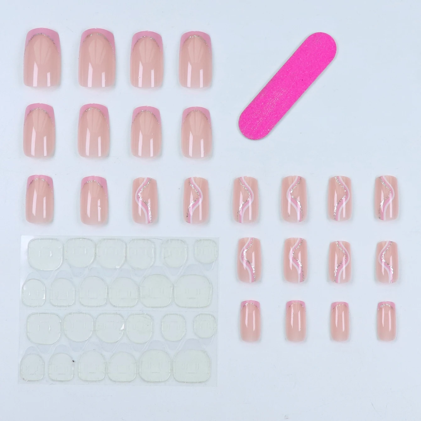 อัปเกรดลุคของคุณทันทีด้วยชุดเล็บปลอมปกปิดเต็มรูปแบบ 24 ชิ้นพร้อมเล็บสี่เหลี่ยมยาวปานกลางในเส้นสีขาวและชมพู