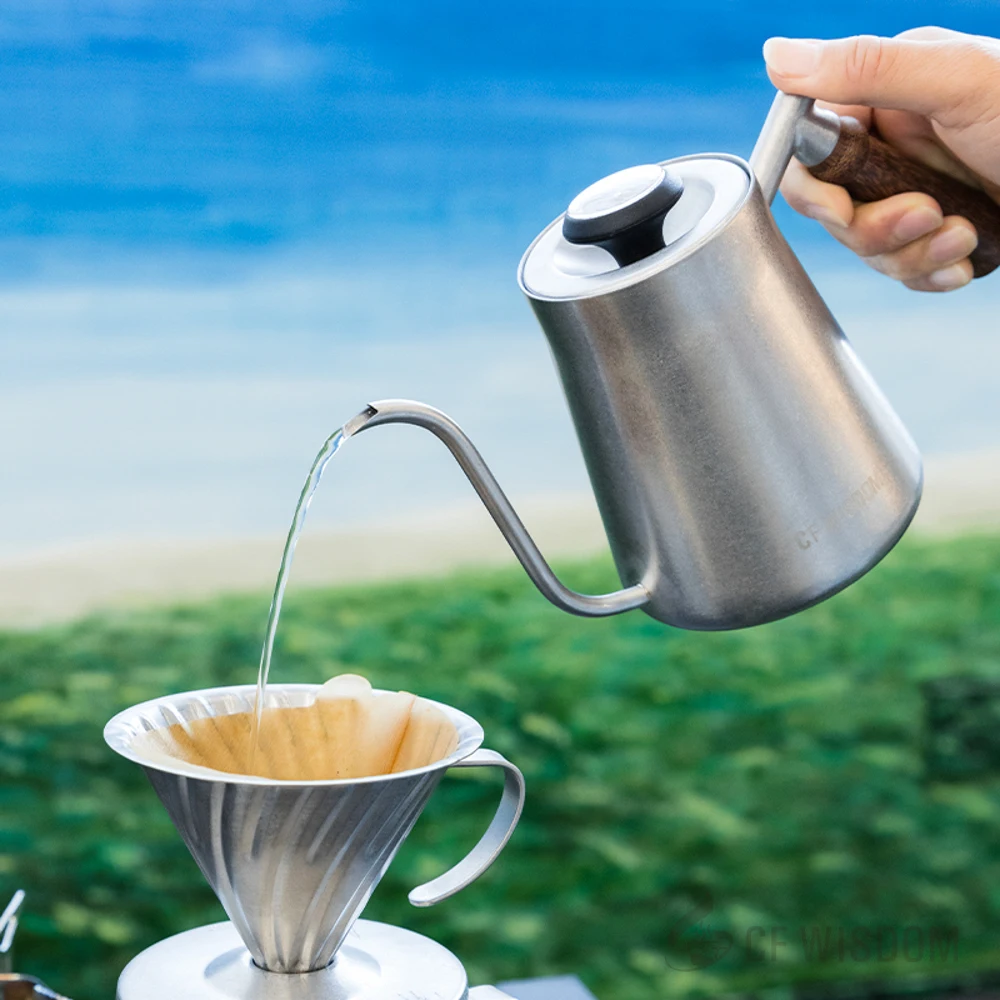 

CF WISDOM Classic Vintage 600ML Stainless Steel Coffee Drip Pot Temperature Display Gooseneck Kettle Hand Brewing Barista Tool.