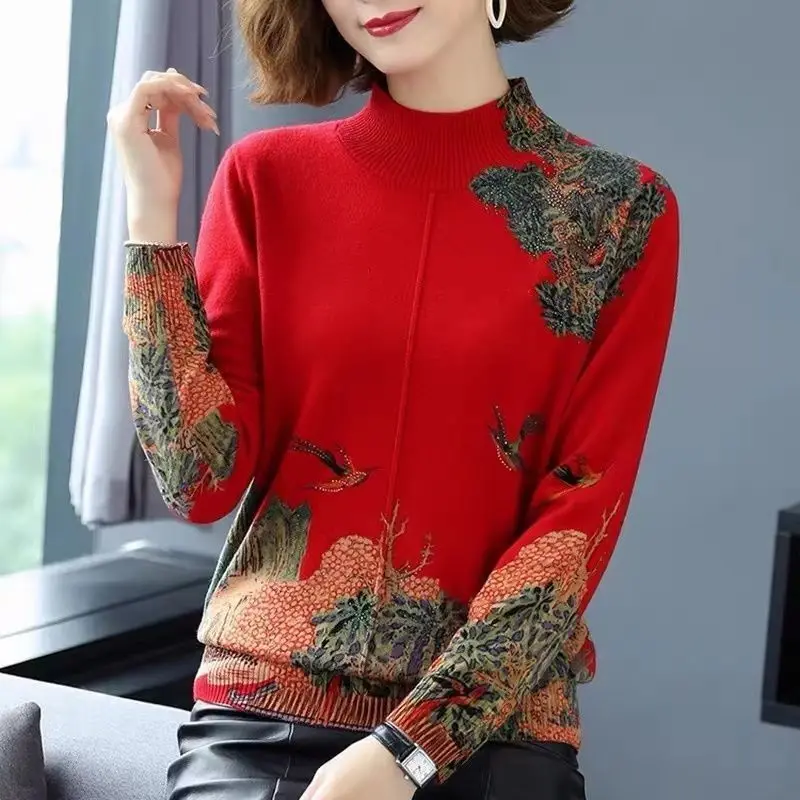 

Women's Clothing Autumn Winter Round Neck Geometric Contrast Color Pullover Lantern Long Sleeve Sweater Knitted Elegant Tops