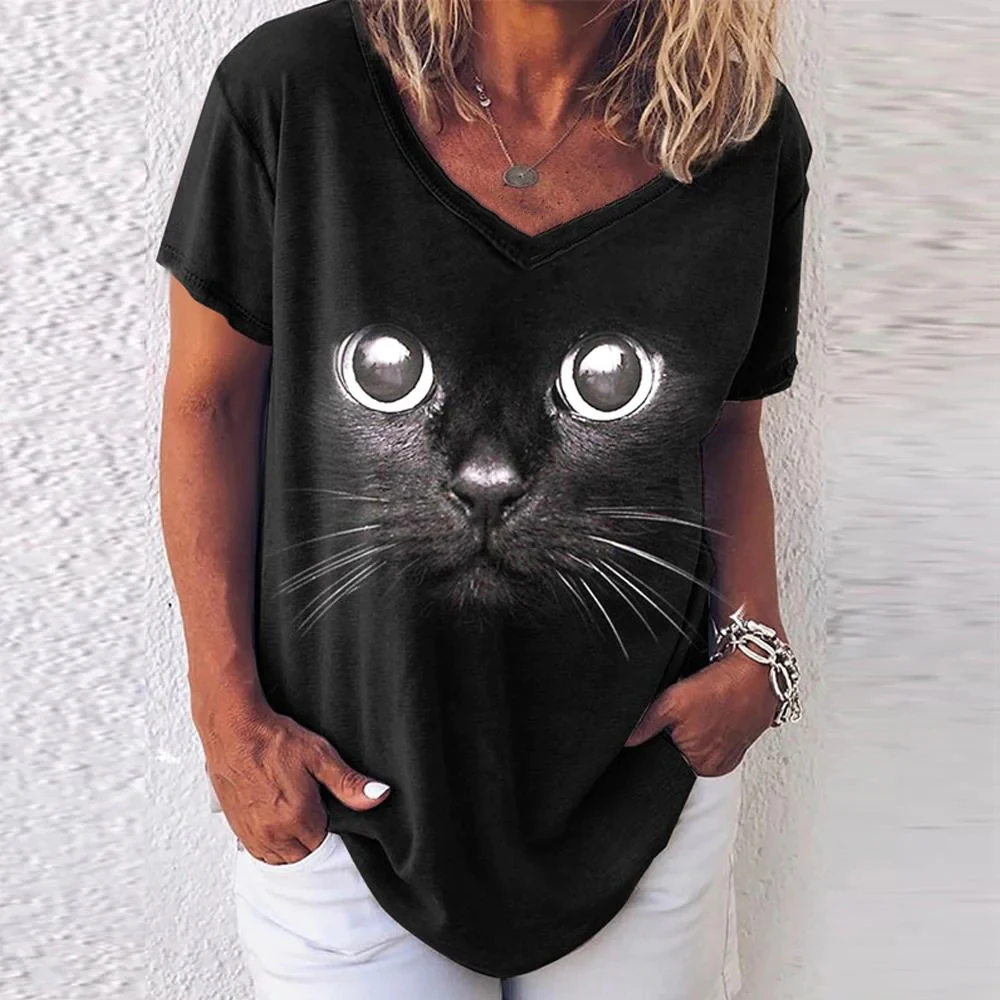 Moda mulher blusas 2022 t-shirts das mulheres 3d gatos impressão preto kawaii com decote em v t camisa feminina roupas de verão oversized camisetas