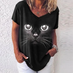 Blusa con estampado de gatos en 3d para mujer, camiseta negra Kawaii con cuello en V, ropa femenina de gran tamaño, camisetas de verano 2022