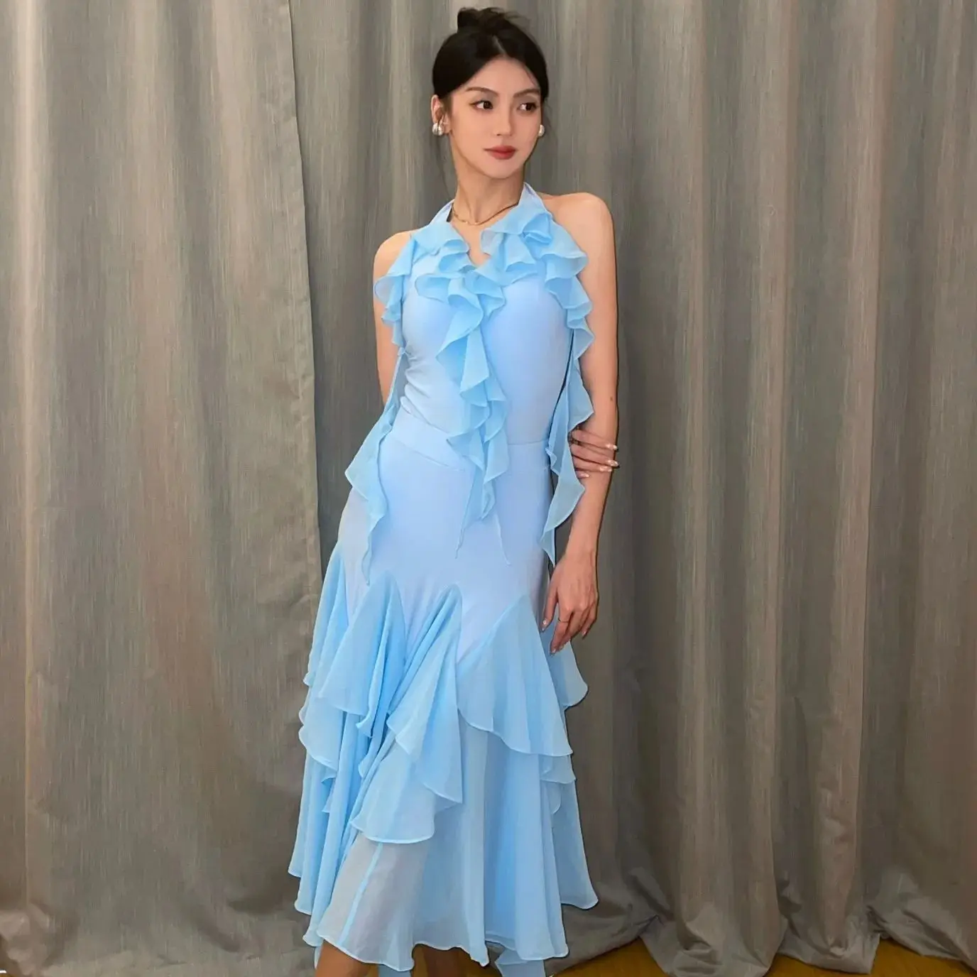 

Female Adults Waltz Dance Costumes Hanging Neck Backless Top For Women Modern Dance Ballroom Dance Clothes Practice Wear DN22291