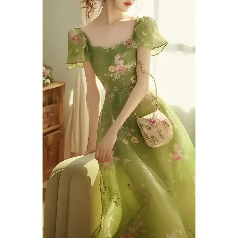 Korejepo French Temperament Super Fairy Chiffon Dress Lazy Vacation Style High End Green Floral Dresses Children Summer Vestido