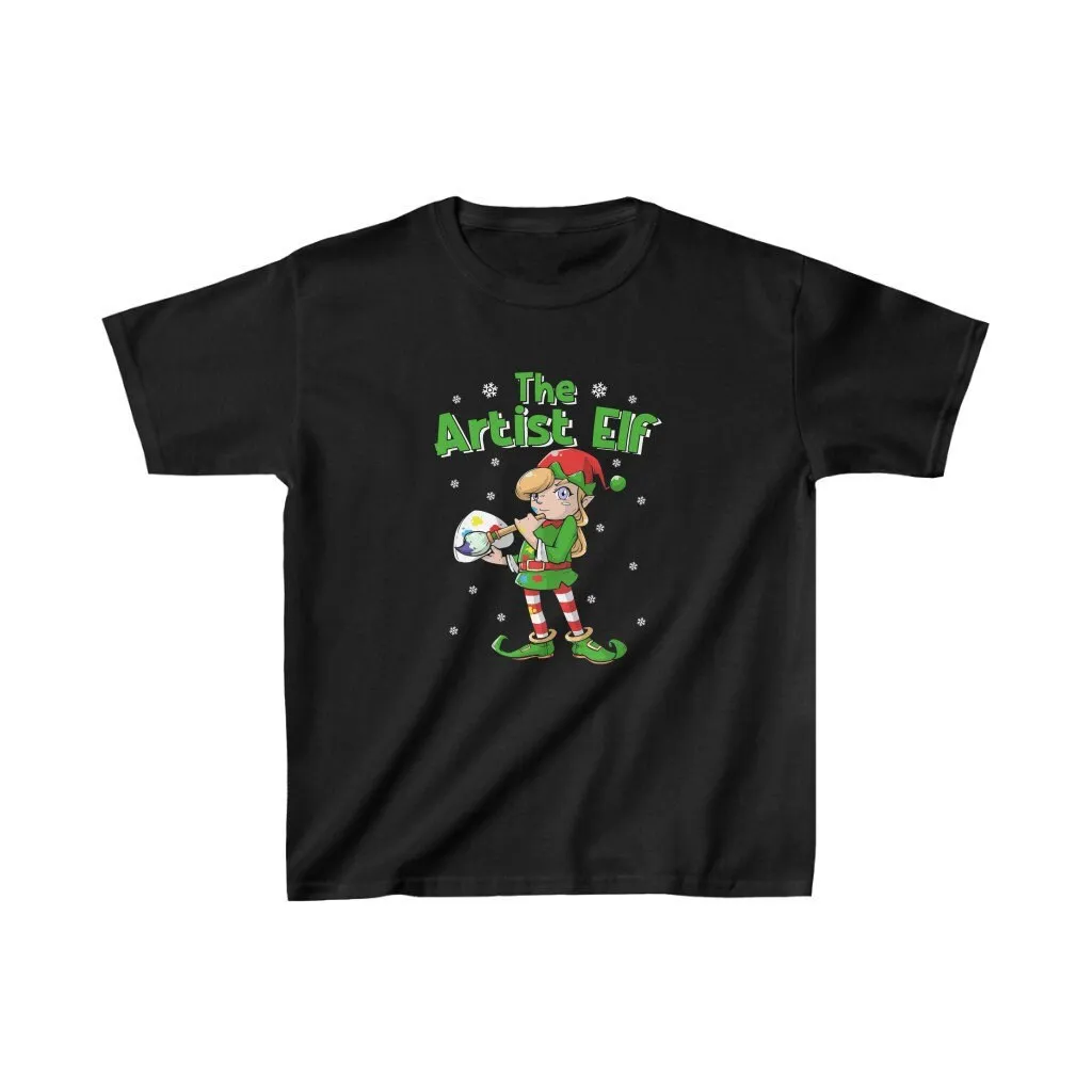 Artista Elf T Shirt para Meninas, Kids Art Lover, Pintura de Natal, Jovem Pintor, Artista, Algodão Pesado