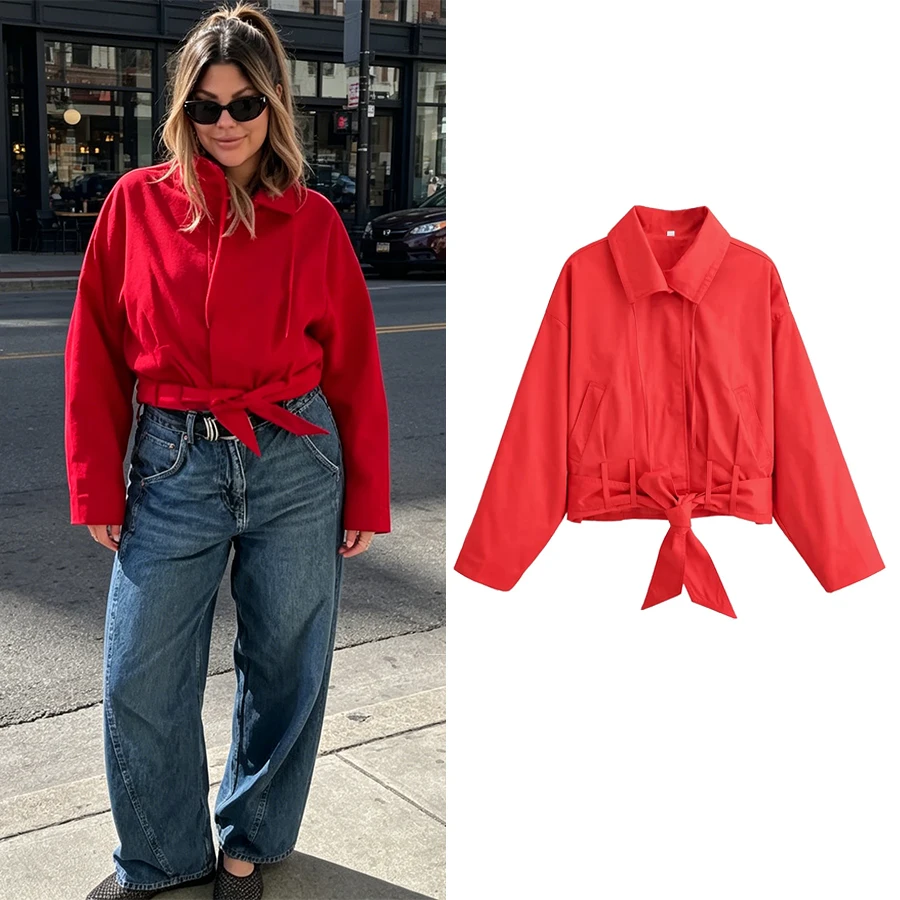 Women Belt Red Jacket Coat Fashion Women High Street Casual Jacket Autumn Outfit For Women Elegant Turtleneck Jacket