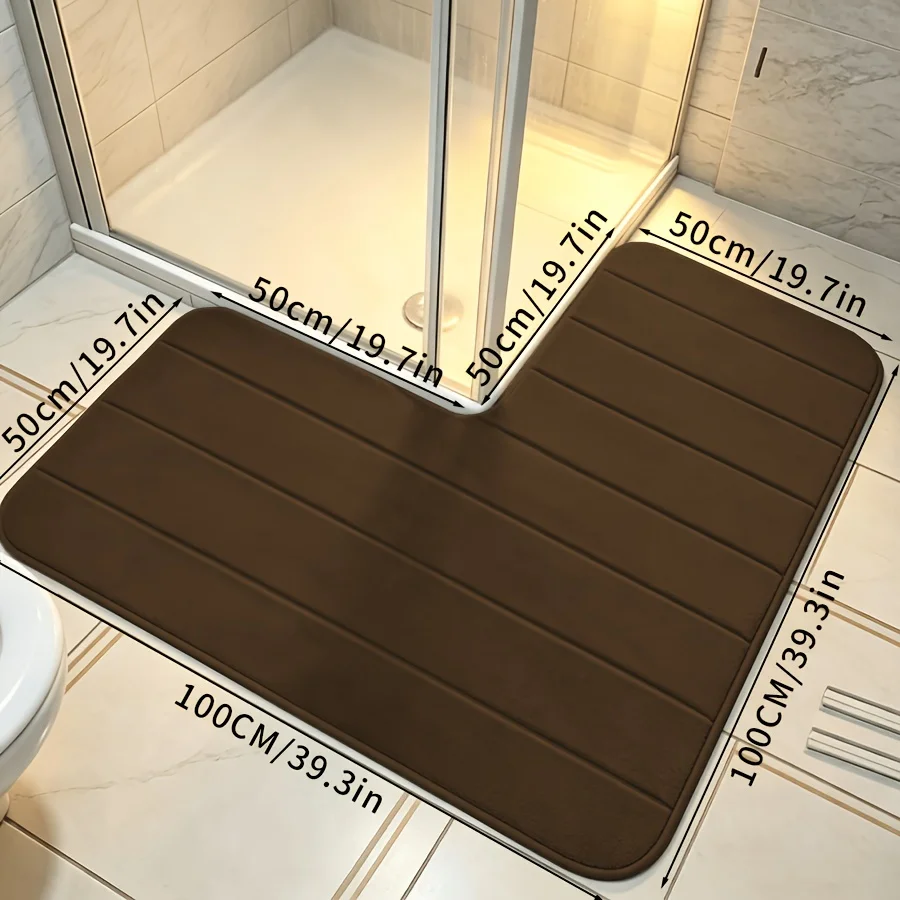 L-Shaped Bath Mat Coral Fleece Absorbent Foot Mat Solid Color Shower Room Door Non-slip Floor Mat Thick Toilet Mat Entrance Mat