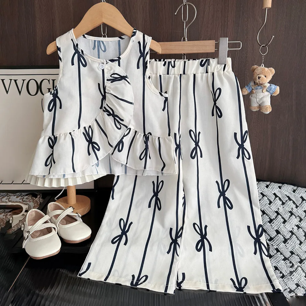 Summer Korean Version Kids Clothes Girls Striped Bow Print Sleeveless T-shirt Top+Wide Leg Pants Sets for Children Girl Outfits