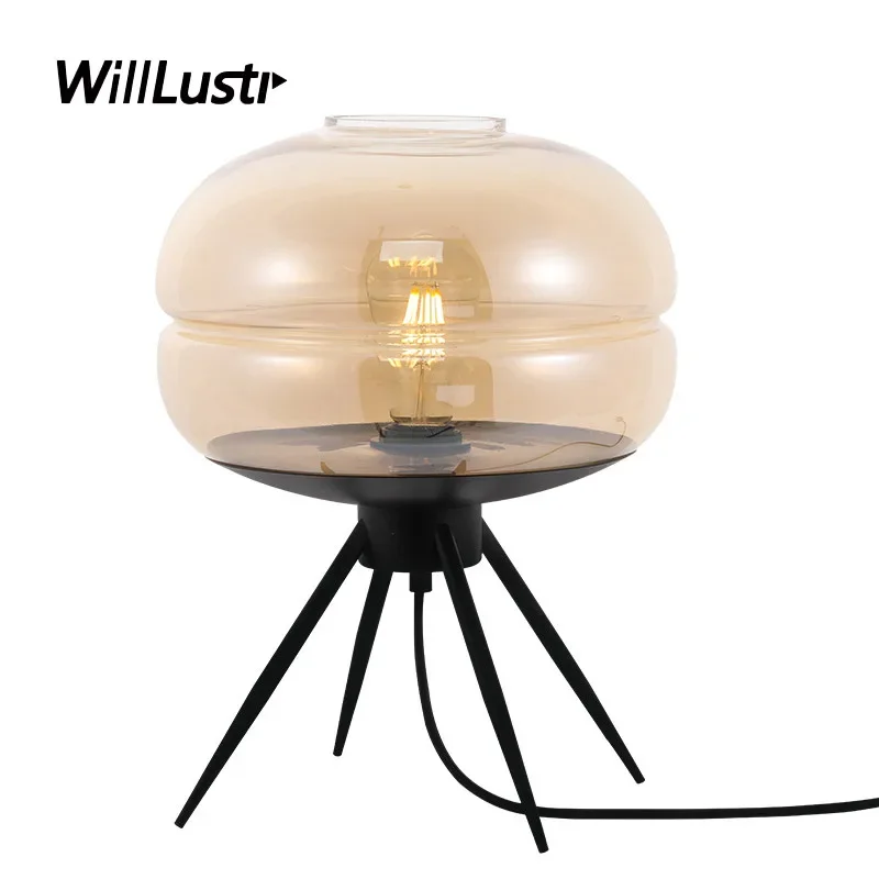 

Creative UFO Glass Table Light Luxury Iron Desk Lamp Hotel Cafe Living Room Bedside Study Amber Smoke Blue Art Deco Lighting