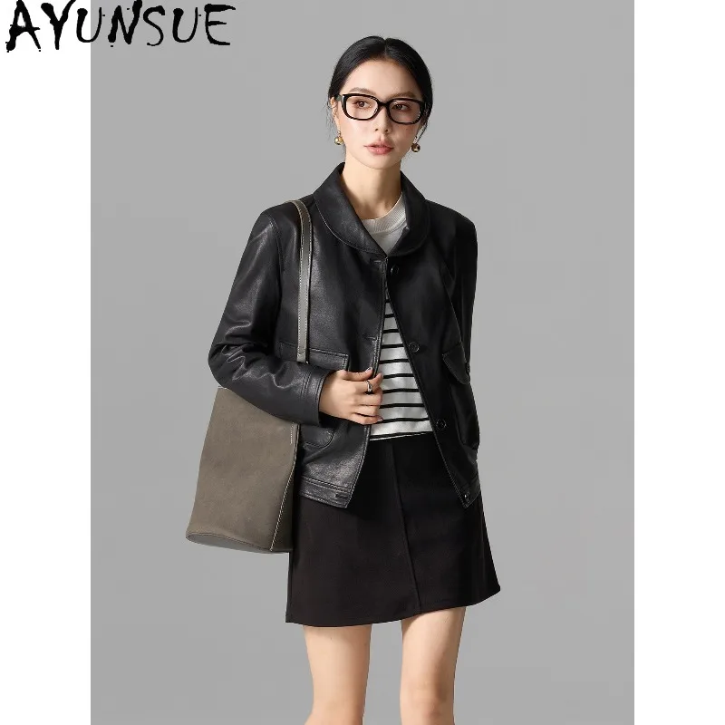 AYUNSUE Vegetable-tanned Sheepskin Leather Jackets for Woman 2026 Short Fashion Commute Outerwear Woman Clothes Black Ropa Mujer
