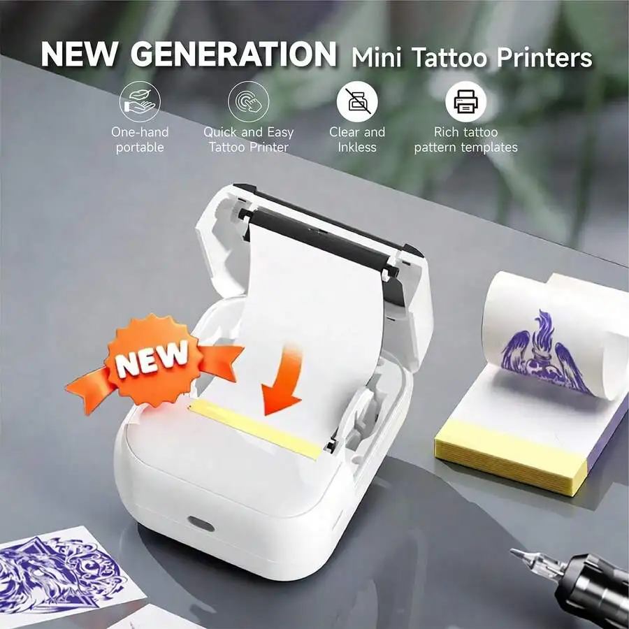 Mini Wireless Tattoo Stencil Printer, Compatible With Smartphones And Tablets, Compact Thermal Tattoo Printer, Designed For Small Tattoos, Can Be Used To Print Tattoos And Labels, Includes 10/60/110 Sheets Of Tattoo Transfer Paper