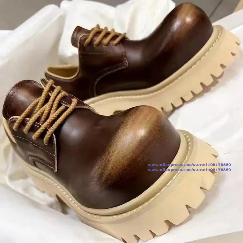 

Low Top Derby Shoes for Men Retro Big Round Toe Leather Shoes Thick Soled Single Shoes Trendy Luxury Brown/black Men's Shoes