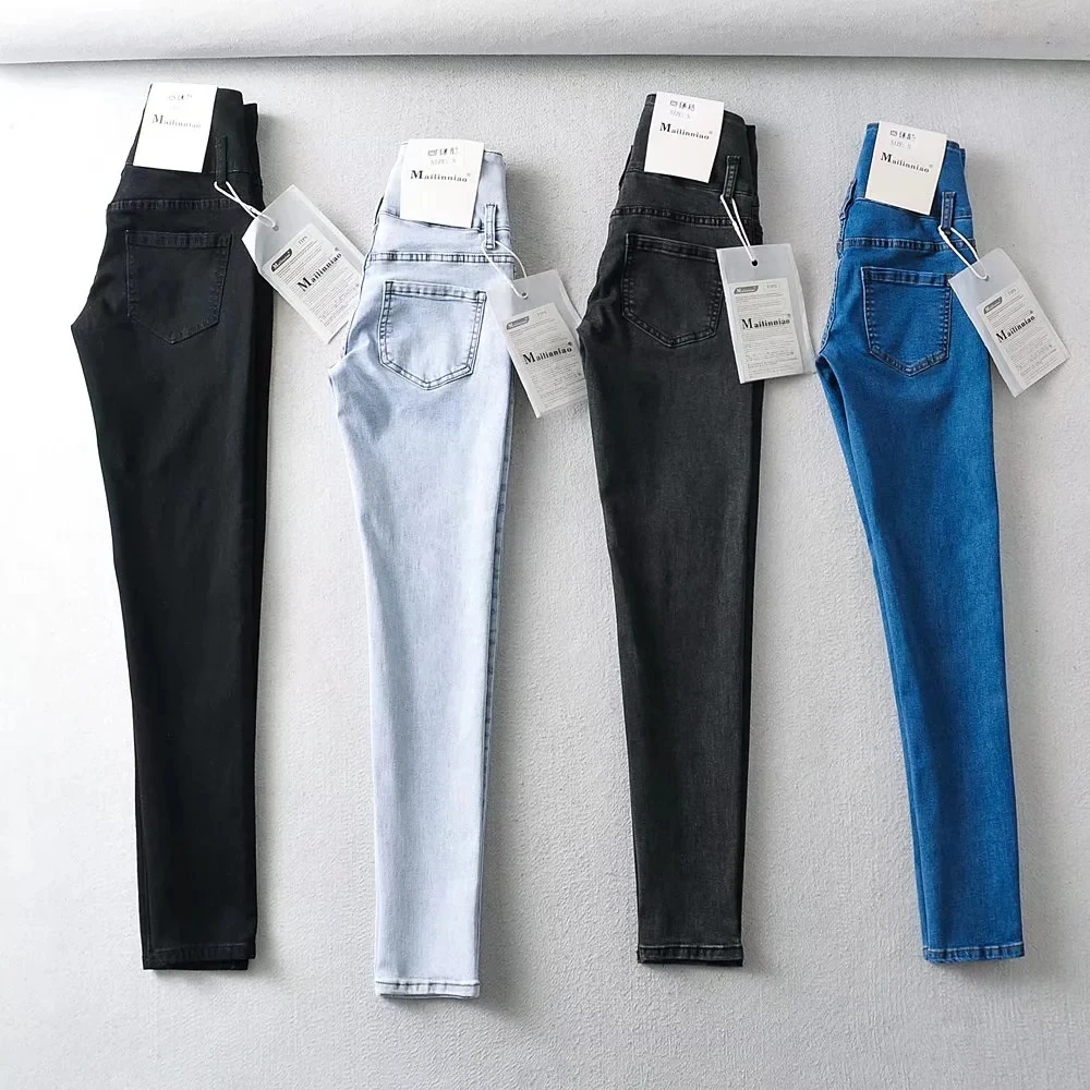 

Women's Jeans High Waist Elastic Lift Hip Blue Washed Tight Straight Denim Pencil Pants Streetwear Femme Nine Points Jeans