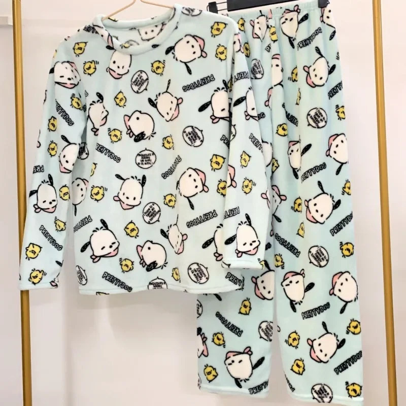 Hello Kitty Pochacco Sanrios Kawaii Warm Flannel Pajamas Suit Anime Soft Autumn Winter Thick Plush Sleepwear Casual Home Suit