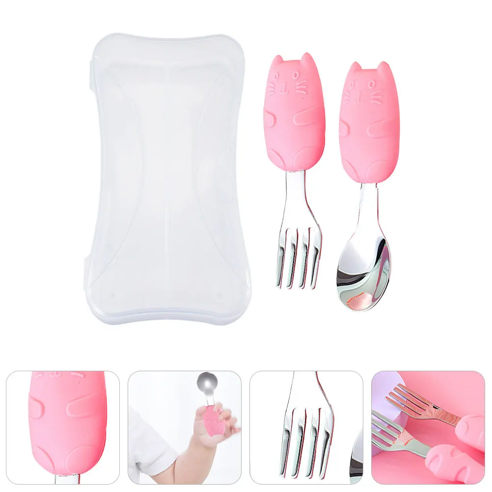 

1Set Baby Training Spoon Fork Cutlery Set Pink Short Handle Cartoon Cat Pattern Safe Comfortable Toddler Tableware Storage Box