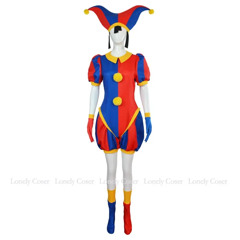 Pomni cosplay traje o incrível uniforme de circo digital chapéu sapatos capa luvas dos desenhos animados bodysuit para criança adulto ragatha jax caine