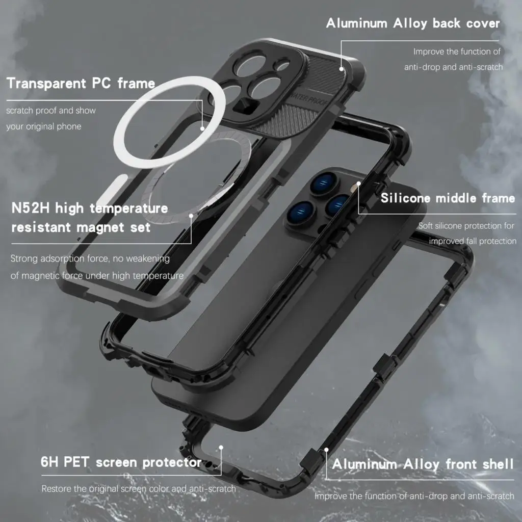IP68 Metal Waterproof Case For iPhone 15 14 Pro Max 14 Plus Clear Full Protection Aluminum Alloy Water Proof Case For iPhone 14