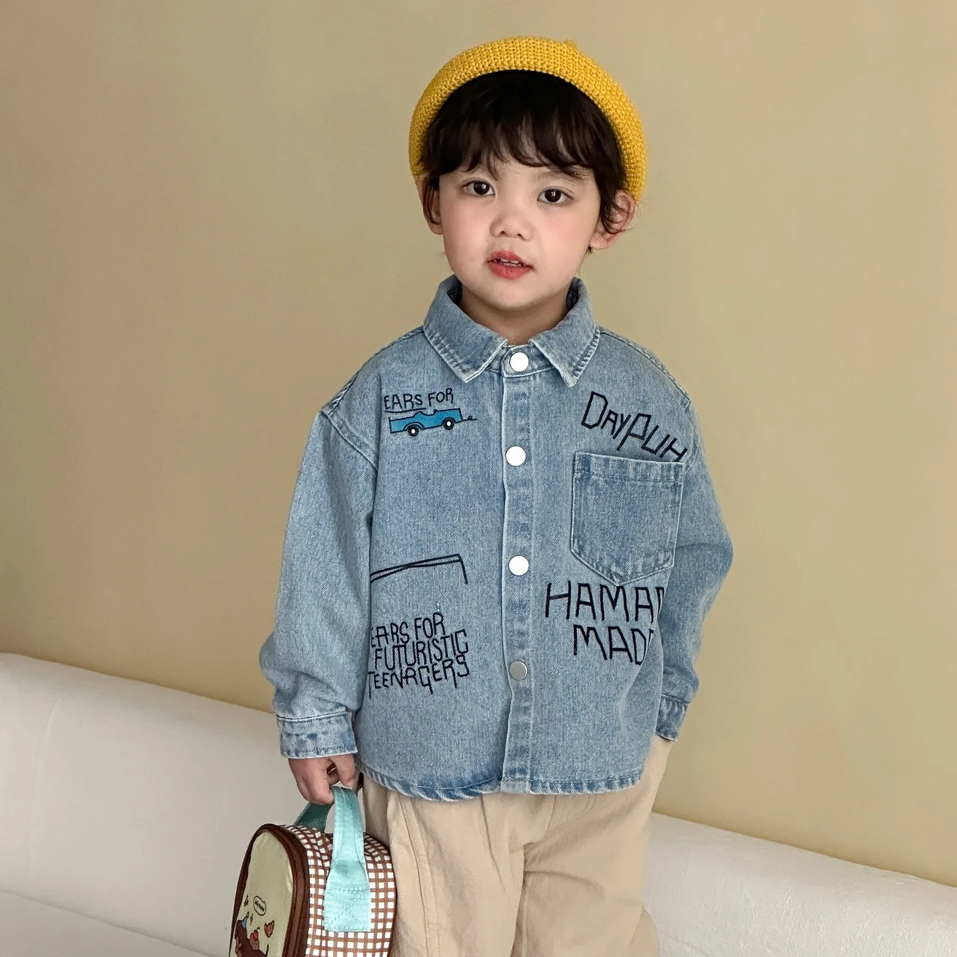 

2026 Spring New Children Long Sleeve Denim Jacket Fashion Boys Shirts Coat Kids Letter Print Casual Cardigan Toddler Clothes