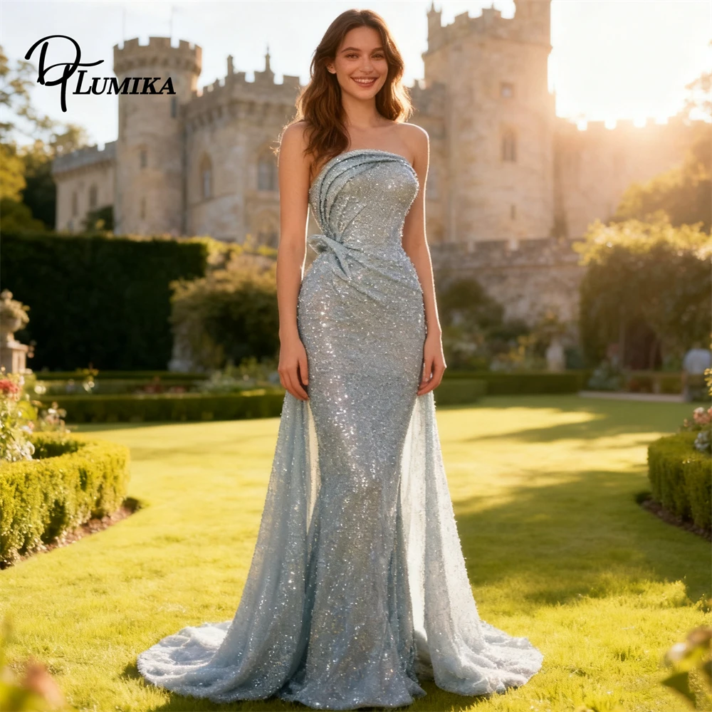 

DTLumika Customized Strapless Long Shiny Prom Dress with Detachable Train Sheath Mermaid Party Prom Gown Wedding Guest Dress